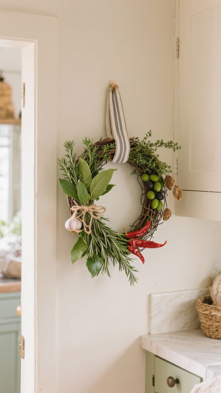 Medium, corner-angle kitchen entry view: a culinary herb wreath on a simple wire ring, green-on-green bundles of bay leaves, rosemary, thyme, and olive branches tied with twine at gentle angles; optional small touches of dried garlic or a few red chili peppers for rustic farmhouse character; finished with a linen or striped ticking ribbon; warm indoor light for a fresh, fragrant, winter-to-spring feel.