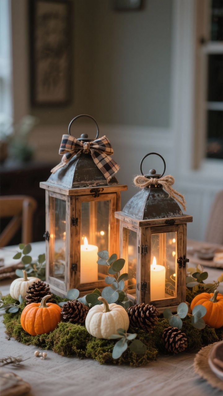 Medium, corner-angle view of rustic lanterns as a centerpiece: a pair of wood or distressed metal lanterns with warm LED candles inside, surrounded at the base by a ring of moss, seeded eucalyptus, and pinecones. Mini pumpkins in orange and white tucked around the arrangement; a subtle plaid ribbon or jute twine bow adds texture. Cozy, eye-contact–friendly height, evening ambiance.