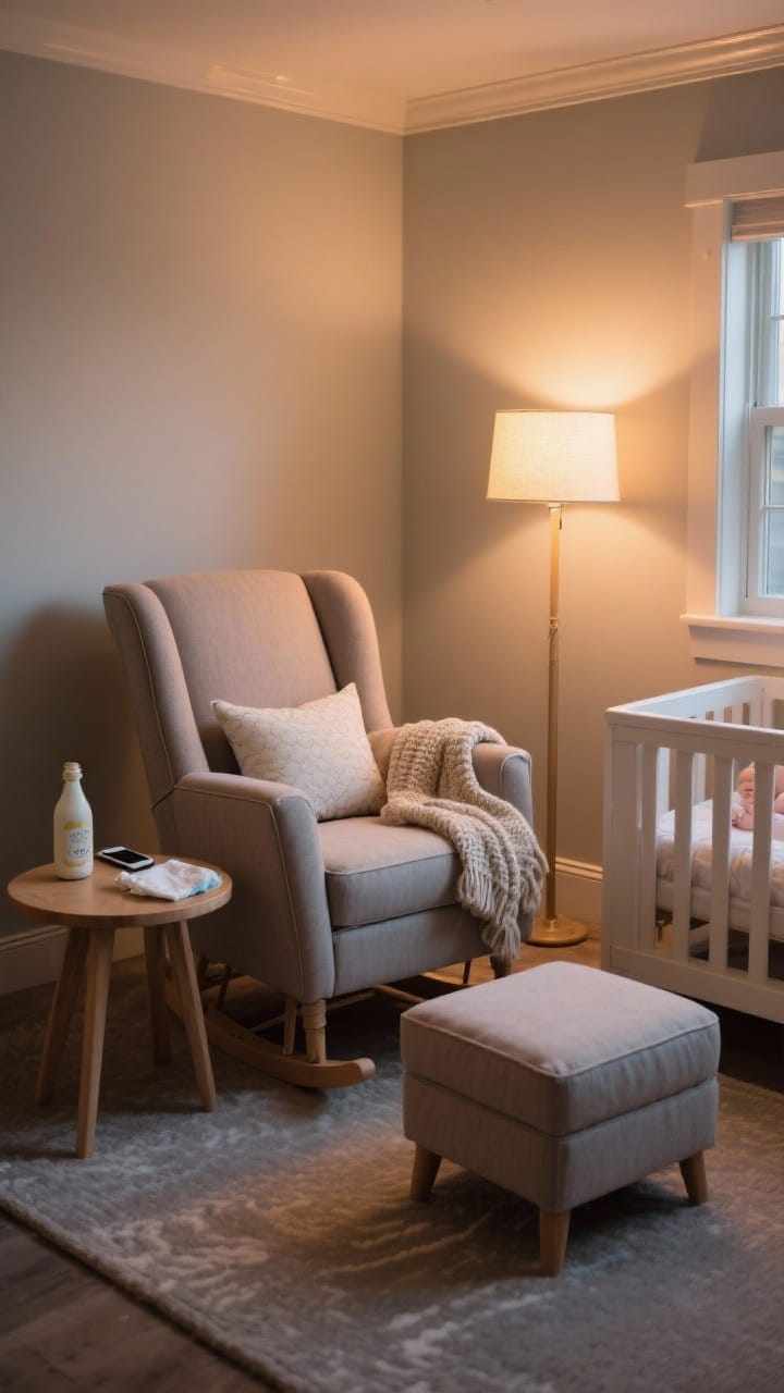 Medium corner shot of a nursery feeding nook: a plush glider with high back and supportive arms in performance fabric, matching ottoman, warm 2700K dimmable floor lamp creating a gentle glow, and a small wooden side table holding a bottle, burp cloth, and phone. Add a lumbar throw pillow and a cozy, washable knit blanket draped over the chair. Evening lighting ambiance, photorealistic.