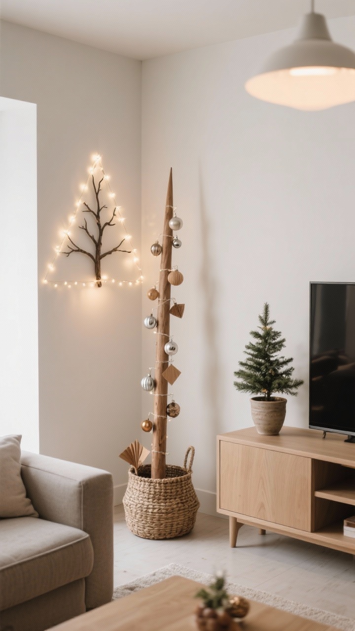 Medium corner shot of a space-savvy Christmas setup in a small living room: a slim pencil tree in a corner near a media console with a woven tree collar, decorated with small metallic, wood, and paper ornaments; beside it on a console, a tabletop mini tree in a ceramic pot; on the wall, a minimalist wall-mounted branch tree in a triangle shape with fairy lights; warm white lights only, cohesive neutral palette; natural and lamp light mix, no people, photorealistic