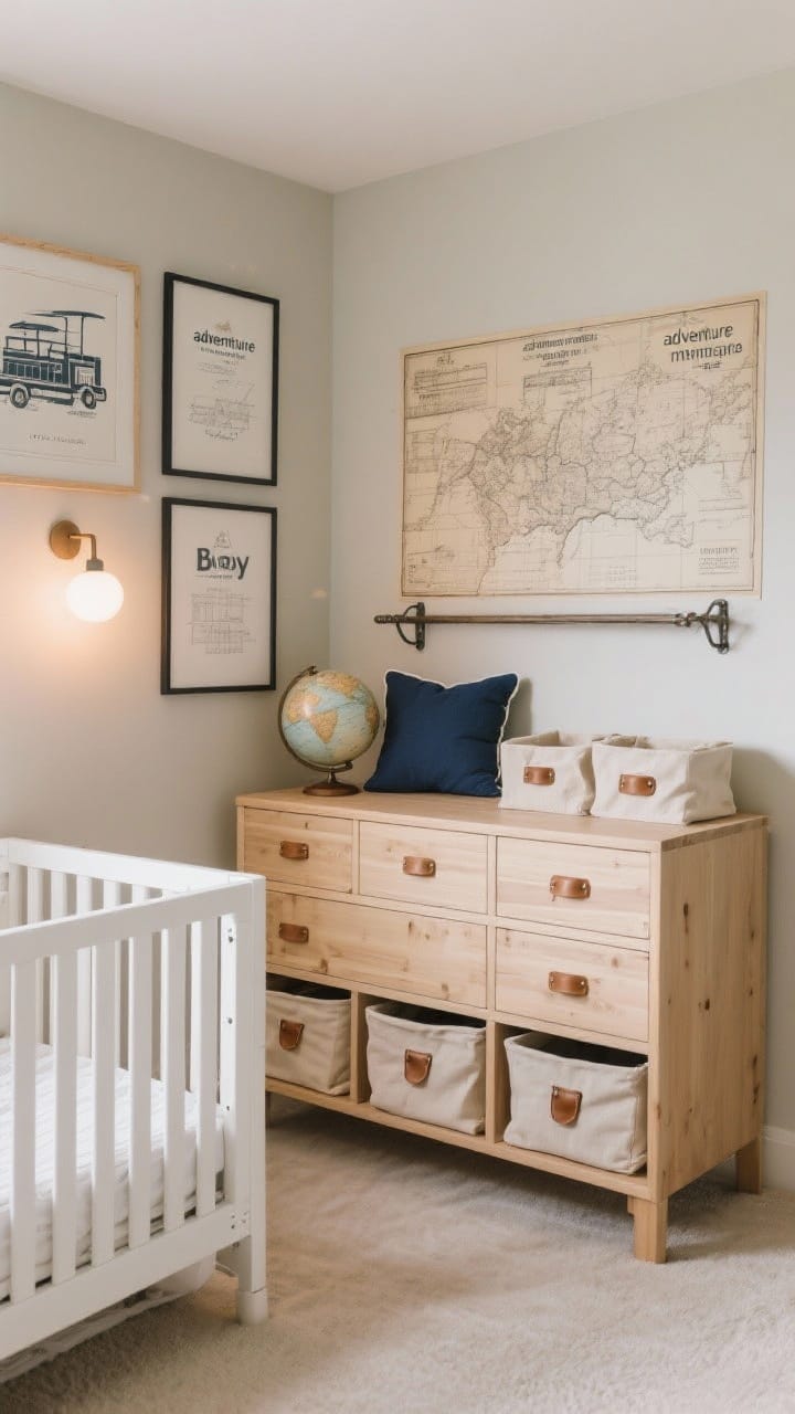Medium corner view: A subtly themed “adventure meets vintage transport” boy nursery vignette. Neutral base furniture: light wood dresser and simple white crib out of frame. On the wall, framed vintage maps and blueprint-style prints. On the dresser: a small globe, canvas storage bins, and drawer fronts with leather pulls. Accents of navy in a throw pillow and metal shelf brackets. Warm, ambient lighting; playful but grown-up mood.