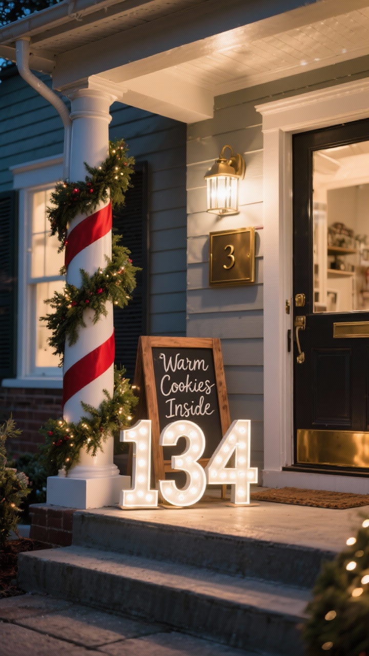 Medium front-step composition highlighting festive house numbers: bold lighted marquee numbers on the porch steps emitting warm white glow; a nearby post wrapped in lush garland framing a sleek number plaque; a small chalkboard wood sign with the house number and a hand-lettered “Warm Cookies Inside”; finishes coordinated to match the entry’s ribbon/metal (e.g., brushed brass and deep red ribbon); evening lighting, photorealistic.