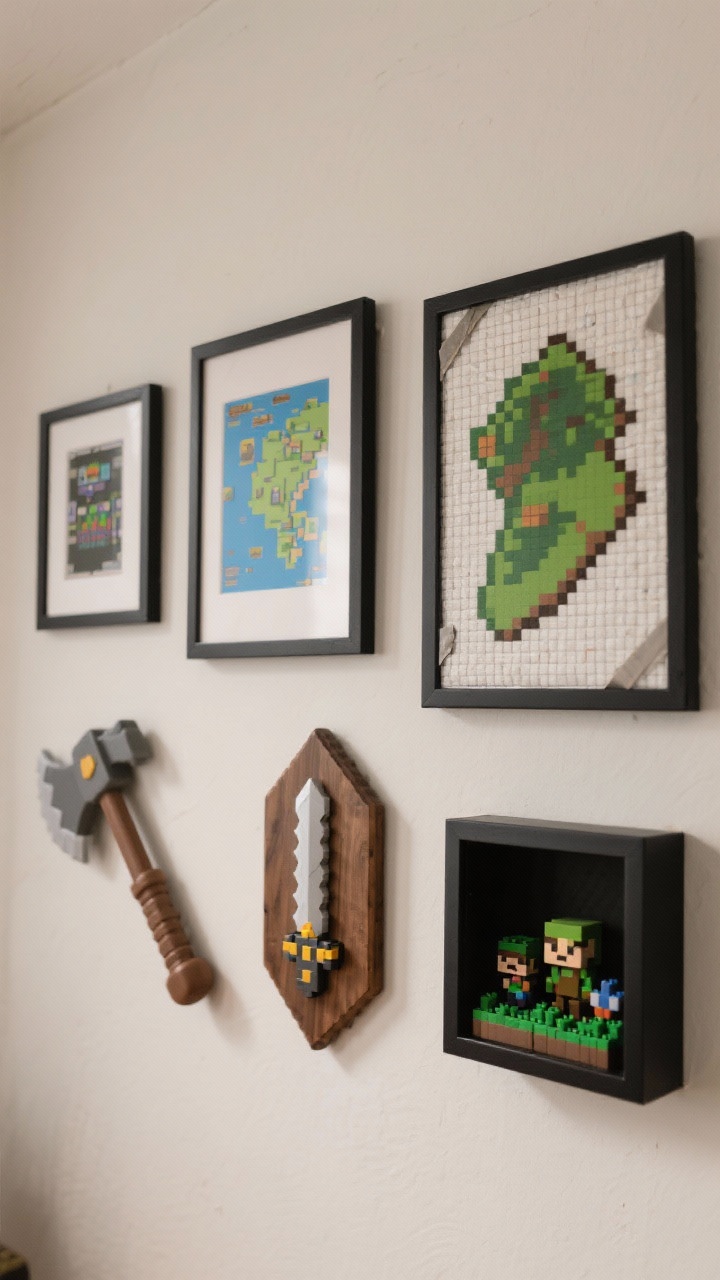 Medium gallery wall and DIY display: consistent black frames holding high-resolution framed in-game map screenshots, a taped-grid pixel art canvas depicting a simplified biome silhouette, a wood plaque mounting a foam pickaxe and sword, and shadow boxes presenting mini-figures and tiny block builds; cohesive mats and frames elevate the look; neutral wall, balanced lighting; photorealistic, straight-on.