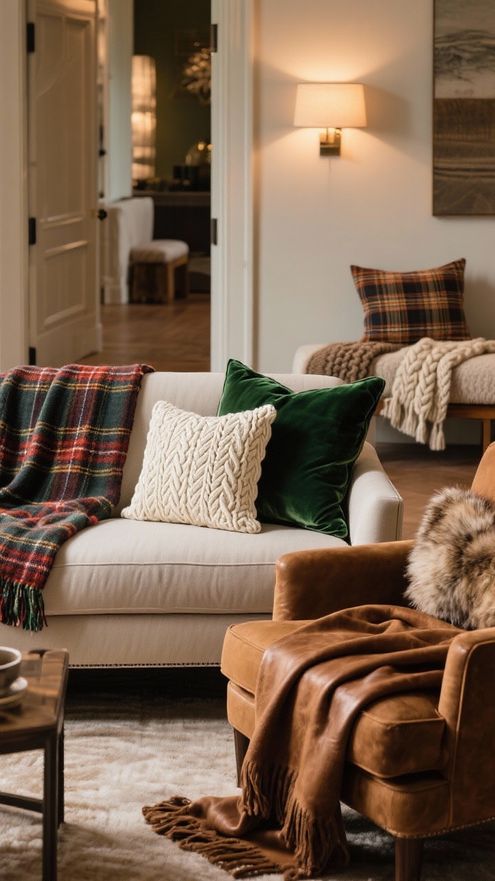 Medium living room vignette highlighting layered luxe textiles: tartan throw over the back of a tailored sofa, paired with a deep green velvet pillow and an ivory cable-knit pillow; adjacent club chair draped with a saddle-brown leather throw and a faux-fur accent; entry bench in background with a plaid cushion and knit throw; textures of wool, cashmere, cable-knit, and velvet under warm ambient lighting; polished, not boho.