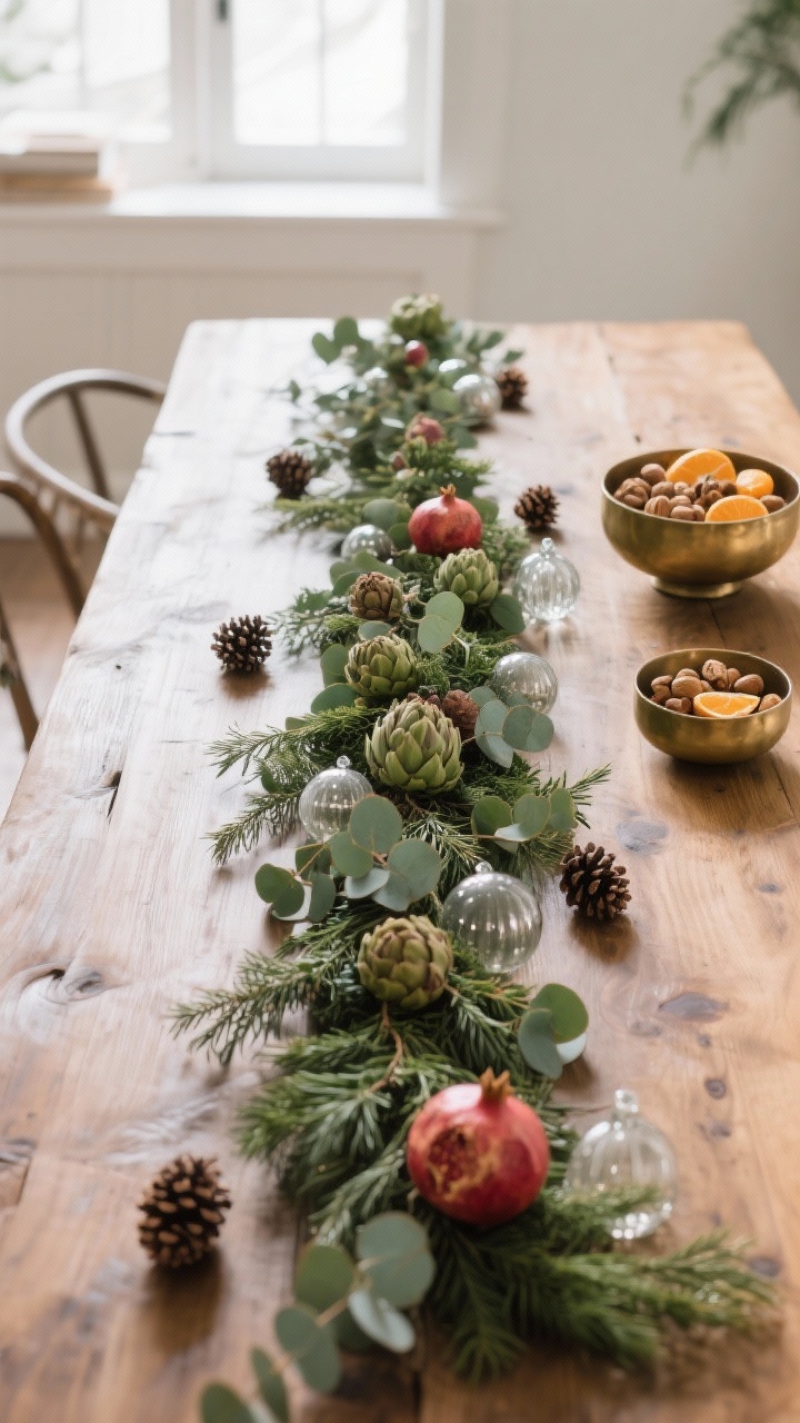 Medium overhead angle: a low cedar and eucalyptus garland centerpiece running linearly down a long wooden table, with tucked-in matte glass ornaments, scattered pinecones, artichokes, and pomegranates for old-world texture. Keep all elements below 10 inches high to preserve sightlines. Include misted, fresh greens look; soft natural daylight from a nearby window for freshness; round brass compotes with citrus and nuts clustered off to one side as an alternate option.