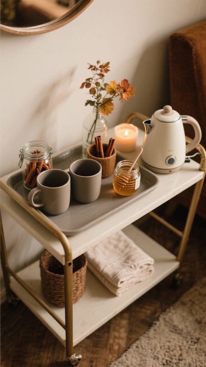 Medium overhead shot of a cozy beverage nook on a bar cart: a large tray holding matte ceramic mugs, a glass jar of cinnamon sticks, a honey jar with dipper, and a compact electric kettle; finishing touches include a tiny bud vase, a lit candle, and a neatly folded linen towel; warm, inviting lighting that suggests a ready-to-sip fall moment; no people.