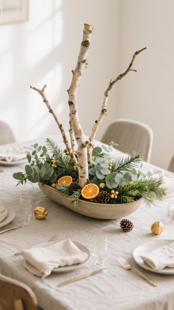 Medium overhead shot of a seasonal centerpiece that lasts: a low, wide vessel filled with mixed greenery (eucalyptus and cedar) forming a base, sculptural birch branches for height, and subtle accents like dried orange slices, small pinecones, and a few gilded berries; neutral table setting around it; soft diffused daylight for a natural look.