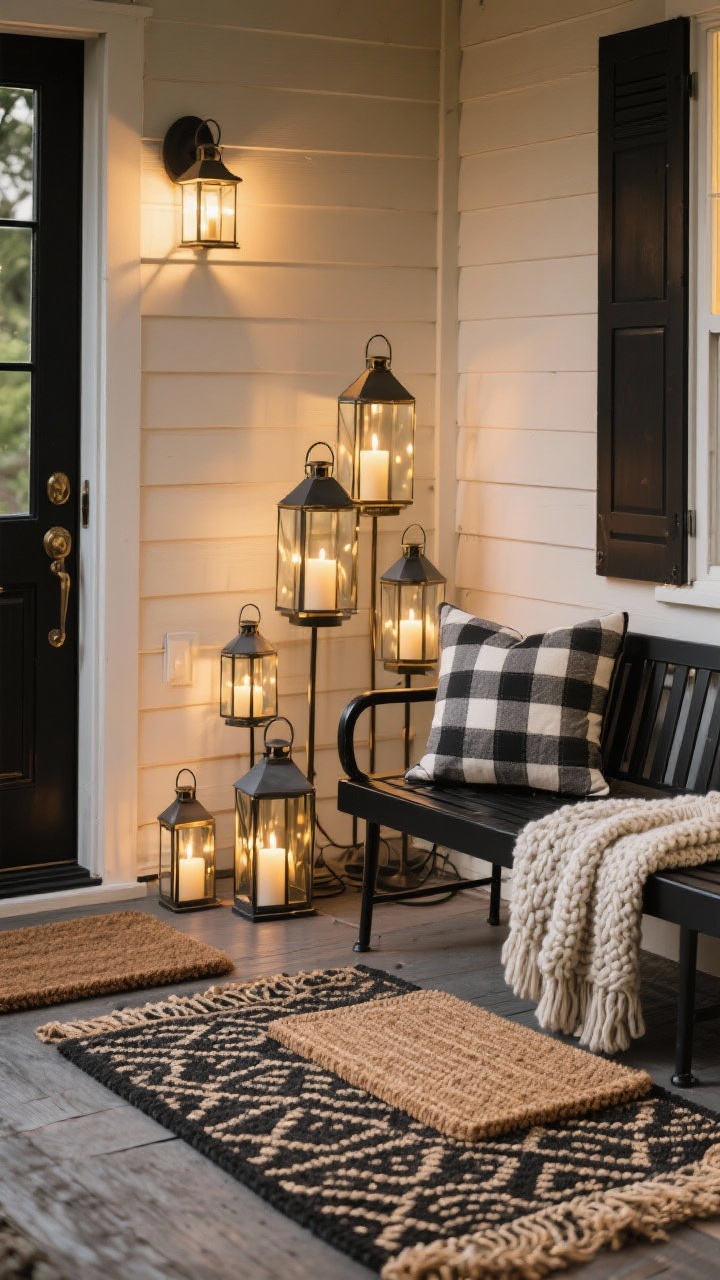 Medium porch vignette from a corner angle: a compact porch styled like an outdoor living room with a black metal bench, a chunky knit throw, and a plaid outdoor pillow; a cluster of metal and glass lanterns at varied heights with LED candles; layered doormats—patterned outdoor rug beneath a classic coir mat; unified color palette in black and gold accents with natural wood tones; soft, warm lighting and minimal clutter, photorealistic.