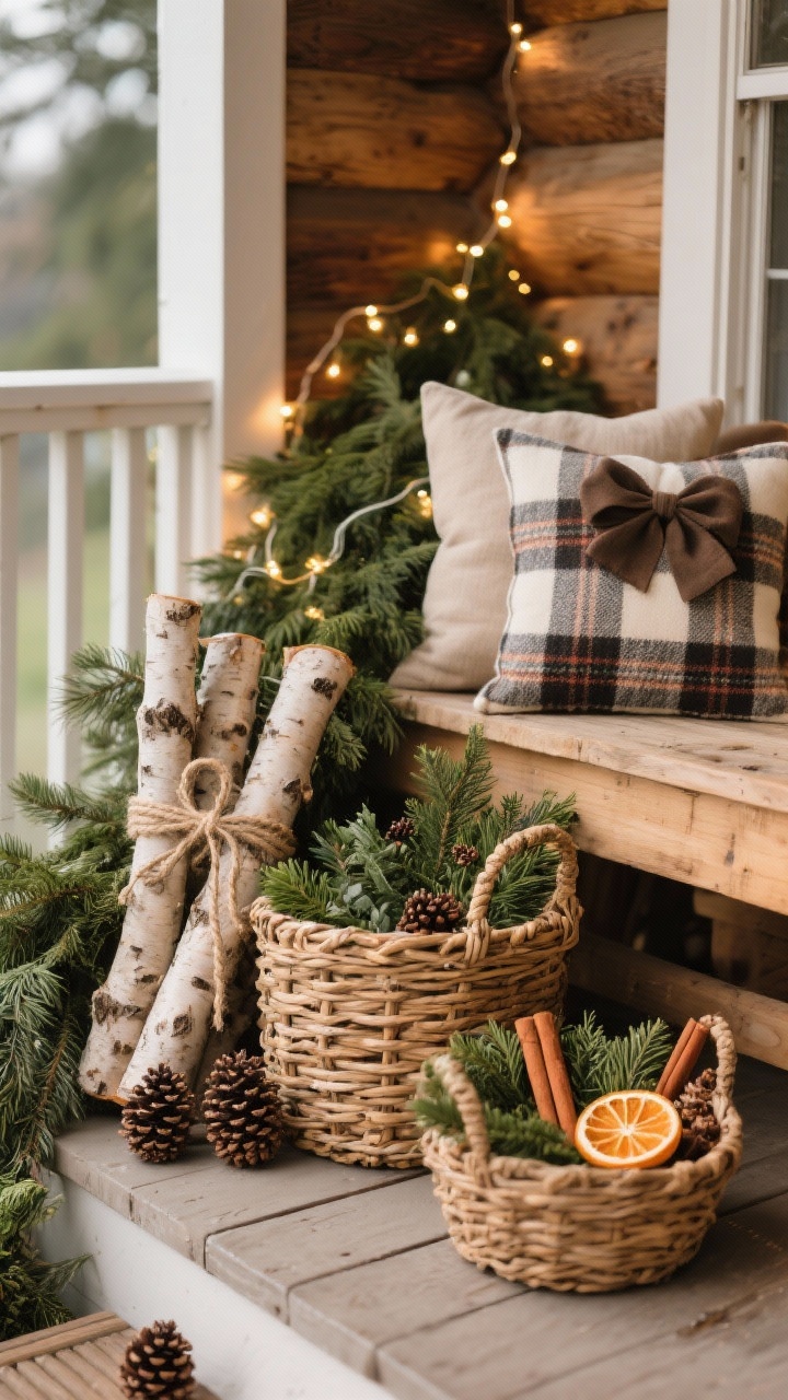 Medium porch vignette with cozy cabin vibe: birch logs tied with twine in a woven basket, surrounded by fresh greens and pinecones; plaid (buffalo check) textiles used on a pillow and bow; additional woven baskets holding cut greens, cinnamon sticks, and dried orange slices; only warm white lights woven subtly through the greens for a golden glow; natural wood textures and earthy tones, photorealistic.