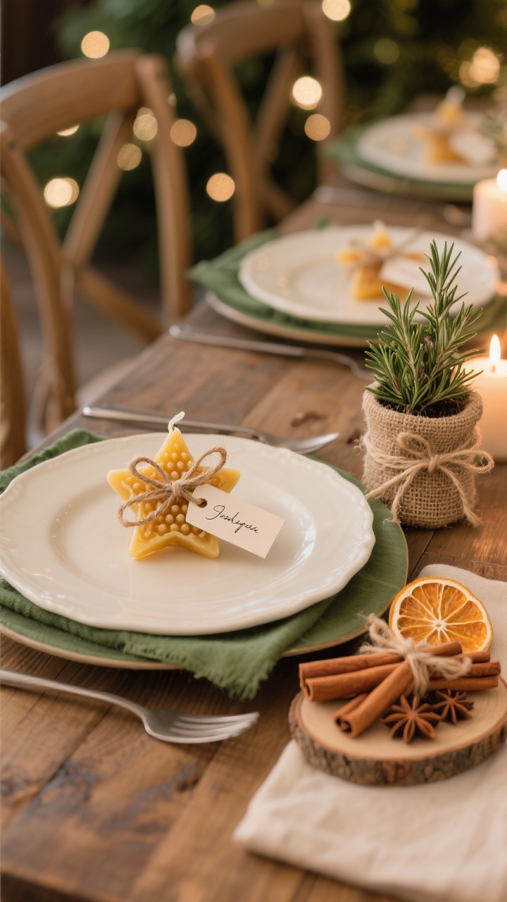 Medium, seat-level shot of individual natural favors at each place setting: a beeswax star ornament tied with twine and a small paper name tag on one plate, a mini rosemary plant in a burlap-wrapped pot with ribbon at another, and a spice bundle of cinnamon sticks, star anise, and dried citrus tied with twine at a third; cohesive palette of greens, wood, cream, and a hint of amber; soft candlelit holiday ambiance.