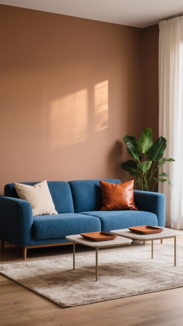Medium shot: A blue sofa against warm taupe walls, paired with creamy white curtains and a neutral rug. Add one disciplined pop color—rust leather pillow and matching small tray on the coffee table—repeated twice for cohesion. Include an emerald plant in the background as a supporting accent. Lighting: soft late-afternoon warmth to emphasize contrast and calm. Angle: straight-on sofa vignette.