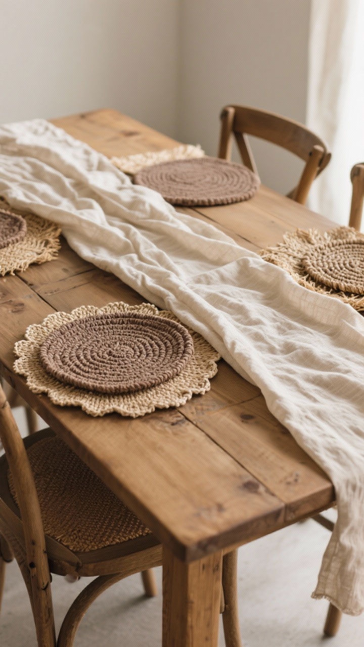 Medium shot — A dining table styled with a soft, layered neutral base: an oat-colored linen table runner centered on a warm wood table, topped with angled gauzy mushroom-toned overlay and chunky woven warm taupe placemats. Include braided seagrass and scalloped linen placemats mixed together, with visible linen and cotton textures and slight natural wrinkles. Soft afternoon natural light, calm, intentional mood, no other decor focus.