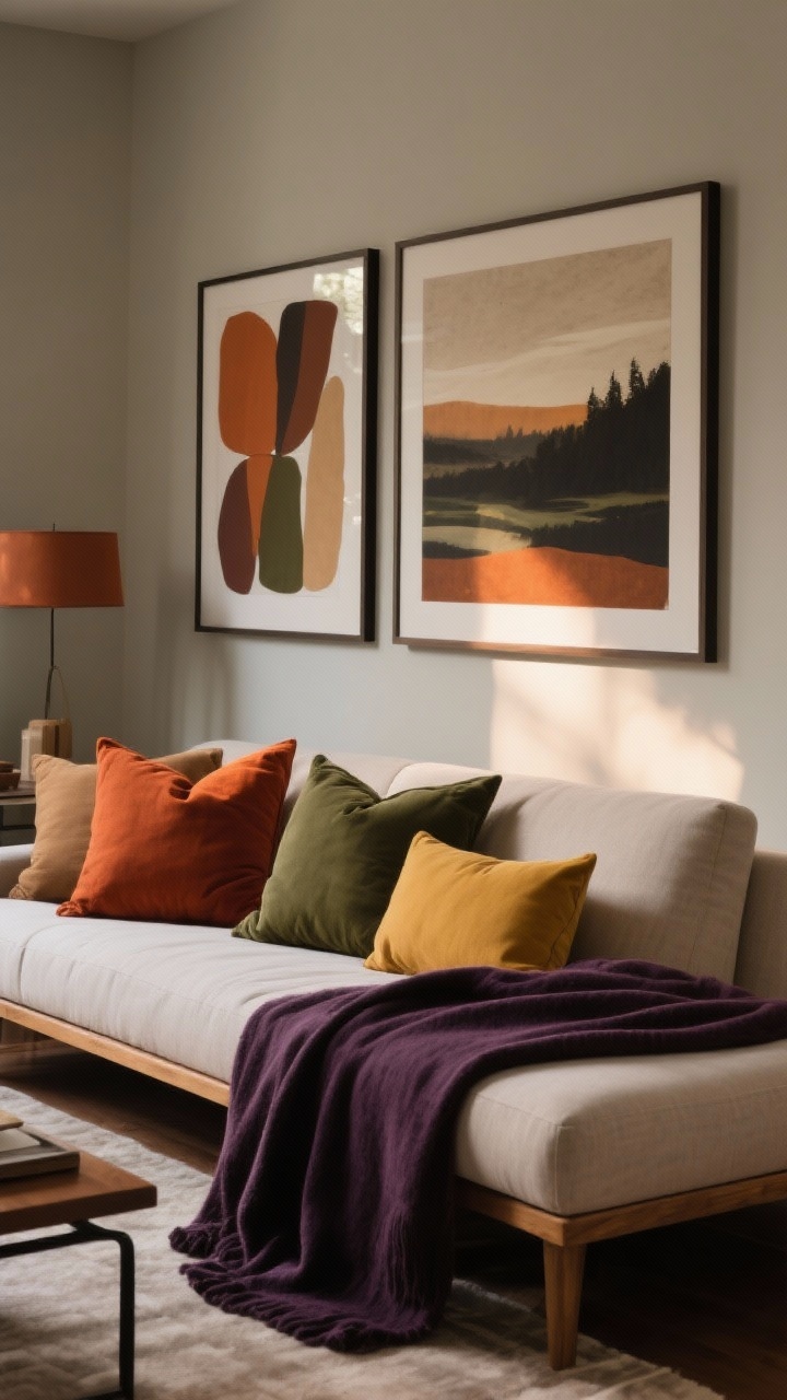 Medium shot: a living room vignette showcasing moody, earthy color pops—rust and olive pillow covers on a neutral sofa, an aubergine throw casually placed at the end of a nearby bed bench, and framed art prints on the wall with abstract earth tones and a small moody landscape. Color palette includes burnt orange, olive, camel, rust, aubergine, and mustard accents; overall neutral base. Soft late-afternoon lighting to enhance warmth; no repainting, just strategic hits of color.