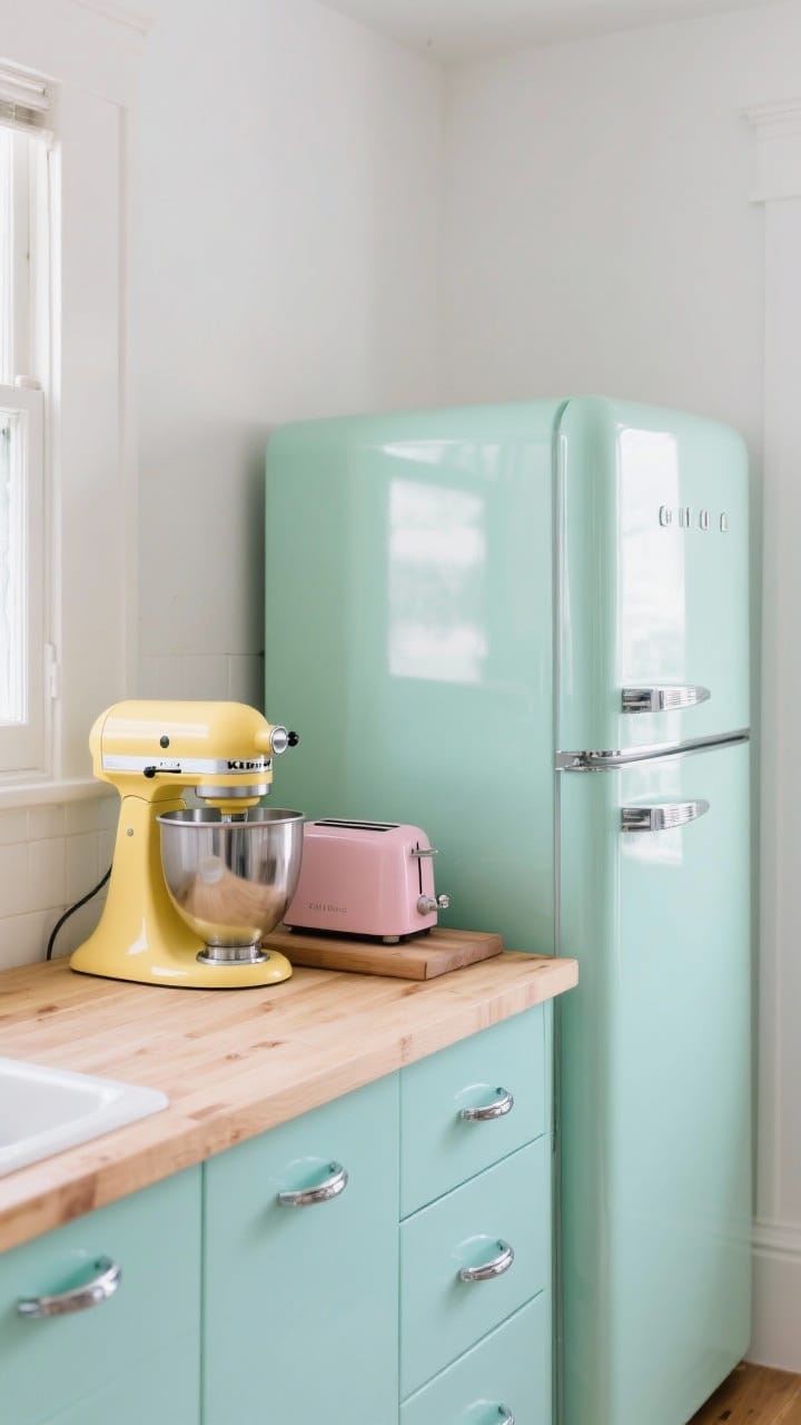 Medium shot: A pastel-focused kitchen vignette with a mint-green fridge, butter-yellow stand mixer, and a blush-pink toaster on a butcher-block counter; rounded appliance corners and chrome details emphasize mid-century charm; neutral backdrop in white and light warm wood to ground the sweetness; soft, diffused daylight reflects gently off glossy enamel surfaces; repeat aqua accents in three spots for cohesion.