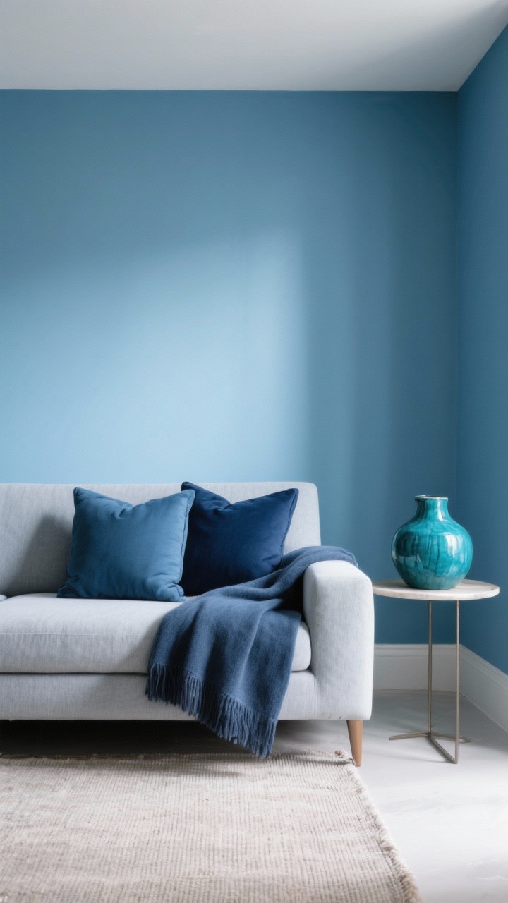 Medium shot: A styled sofa scene demonstrating a curated three-blue palette—base blue wall (soft sky blue), accent navy pillows and throw, and a pop teal ceramic vase on a side table. Keep undertones cool and cohesive (gray-blue family). Include a flat-woven neutral rug to ground the scene. Lighting: gentle daylight with subtle shadows. Angle: slight corner perspective for depth.