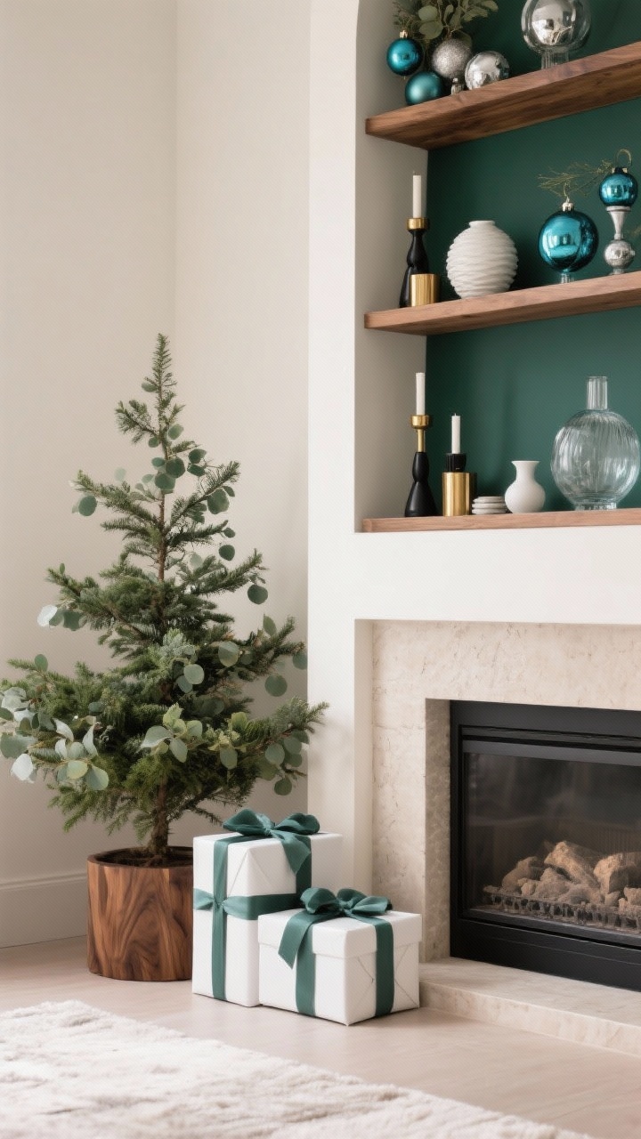 Medium shot: A stylish corner showcasing a cohesive color story in one of three palettes. Option A: Scandi Neutrals—cream, taupe, walnut wood accents, and eucalyptus green decor; Option B: Modern Glam—deep emerald accents, matte black candleholders, brushed gold details; Option C: Frosted Chic—icy blue ornaments, silver accents, glass and white ceramics. Repeat hues on a small tree, mantel vignette, and neatly wrapped gifts with matching ribbons. Soft, calm lighting, straight-on composition, photorealistic.