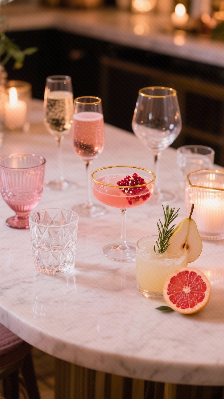 Medium shot, bar-and-table vignette: A curated mix of glassware—timeless coupe glasses for bubbly, stemless wine glasses in smoked or blush glass, and clear faceted water goblets that catch candlelight. Include a small drinks moment: a rosé spritz, pomegranate Prosecco, and a pear-ginger mocktail, each garnished with a rosemary sprig and a thin blood orange slice. Warm, festive glow with subtle pink tones and gold rims.
