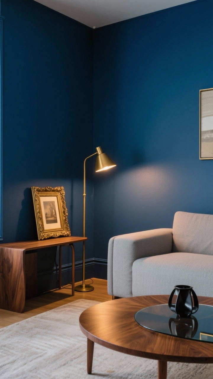 Medium shot: Blue living room corner with navy walls balanced by warm metals and wood—brass floor lamp casting a soft glow, antique brass picture frame, and a rounded-edge walnut coffee table. Minimal glass elements for coziness. If mixing metals, include a small black metal object for a 70/30 brass-to-black ratio. Evening warm lighting (2700–3000K) to enhance the brass sheen. Angle: three-quarter corner view.