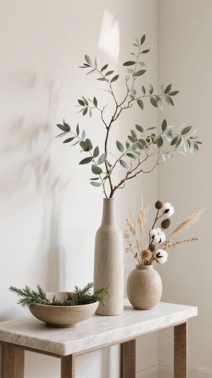 Medium shot bringing nature in without mess: a tall vase with sculptural branches (eucalyptus or olive) as the main moment, a shallow bowl on a console holding a few evergreen clippings, and a ceramic vessel with dried florals (grasses, seed pods, cotton stems) for lasting texture; restrained placement with one or two focal points; clean, elevated styling with soft daylight.