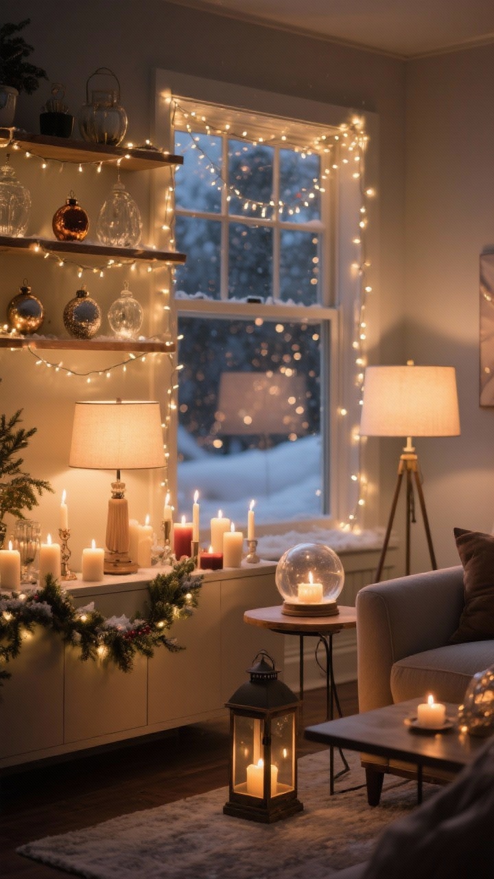Medium shot capturing layered holiday lighting for a snow globe feel: table and floor lamps with warm 2700K bulbs, string lights draped along shelves and a window frame, micro lights woven through a garland on a console, and a cluster of mixed real and flameless candles on a side table. Add a lantern on the floor near the sofa for ambient glow. The mood is low, warm, and softly diffused, with reflections twinkling on nearby glass and ornaments.