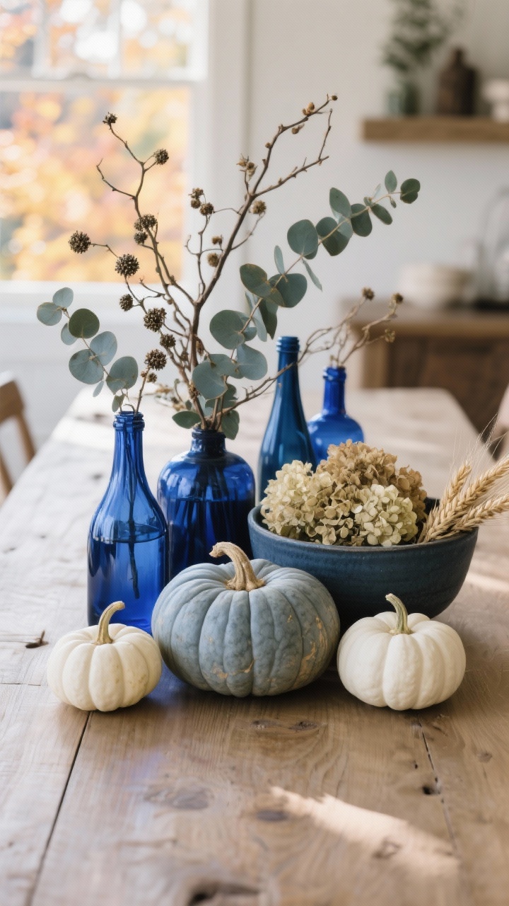 Medium shot centerpiece arrangement down the center of a table: an asymmetrical cluster of blue glass bottles and vases with foraged branches and seeded eucalyptus, alongside a slate-blue ceramic bowl filled with dried hydrangeas and wheat. Add a pumpkin trio: one large dusty blue-gray heirloom pumpkin flanked by two white mini pumpkins. Keep centerpiece heights low for sightlines. Natural daylight with a fall warmth, photorealistic, no people.