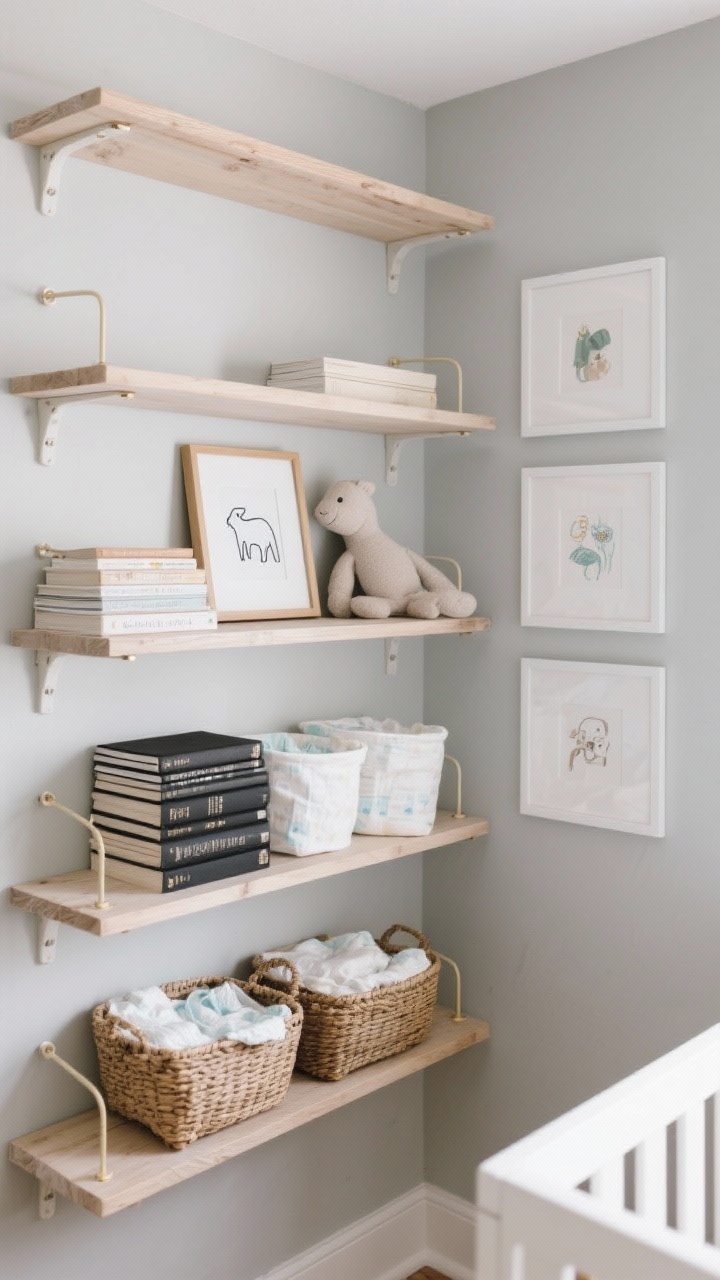 Medium shot, corner angle: Open shelves styled with calm restraint. Display wood, white, soft gray, and a small touch of black or brass. Arrange stacked horizontal board books, a minimal framed line drawing of an animal, and a soft neutral toy. Use baskets to contain diapers and cloths, leaving surfaces tidy. On the wall, a small gallery of tonal, whimsical prints with simple, consistent frames. Ensure shelves look securely mounted, with items light and out of reach.