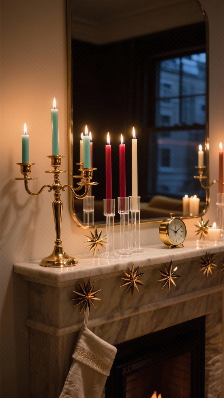 Medium shot focused on a mid-century candle tableau: a brass candelabra paired with clear lucite candlesticks, tall dripless tapers in mint, cranberry, and cream, and a few starburst accents scattered along the mantel; include a small vintage clock to reinforce the retro lounge feel; warm, moody evening lighting with candlelight as the main source, subtle reflections on brass and lucite, stockings safely distant; sophisticated, glam atmosphere