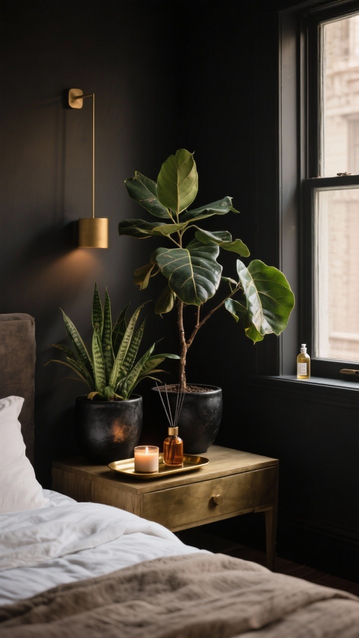 Medium shot: Full-sensory finishing touches—low-light plants (ZZ plant and rubber tree) in matte black and aged brass planters grouped near a window, with a brass tray on the nightstand holding a cedar-amber candle and a minimalist diffuser; deep-toned room, warm moody lighting; a hint of linen spray bottle on the bed suggests layered scent; lush and intentional, photorealistic.