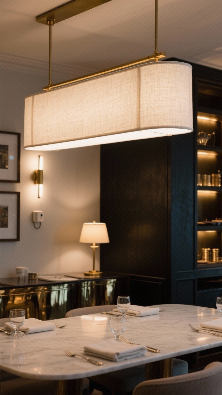Medium shot highlighting a statement lighting moment over the table: a linen drum-shade chandelier (or linear fixture for a long table) casting warm white, dimmable light; plug-in sconces or a picture light adding layered ambient glow; a small lamp on the sideboard enhancing the cozy restaurant vibe; reflective brass accents subtly illuminated.