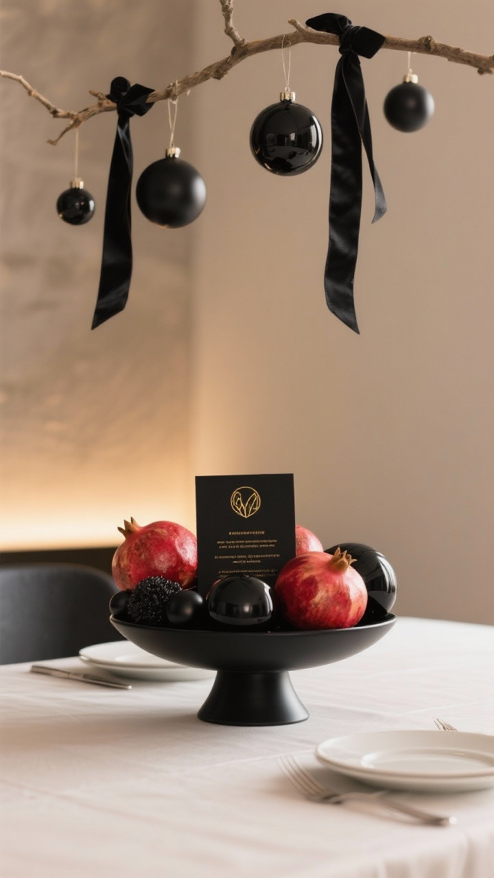Medium shot highlighting one or two statement moments without crowding: a black footed centerpiece bowl filled with matte black ornaments and a few deep red pomegranates for natural contrast, plus a single black cardstock menu with gold foil at each setting; negative space left for plates and elbows; optional overhead glimpse of a small branch suspended above the table with black satin ribbons and a few minimalist ornaments; lighting is warm and refined.