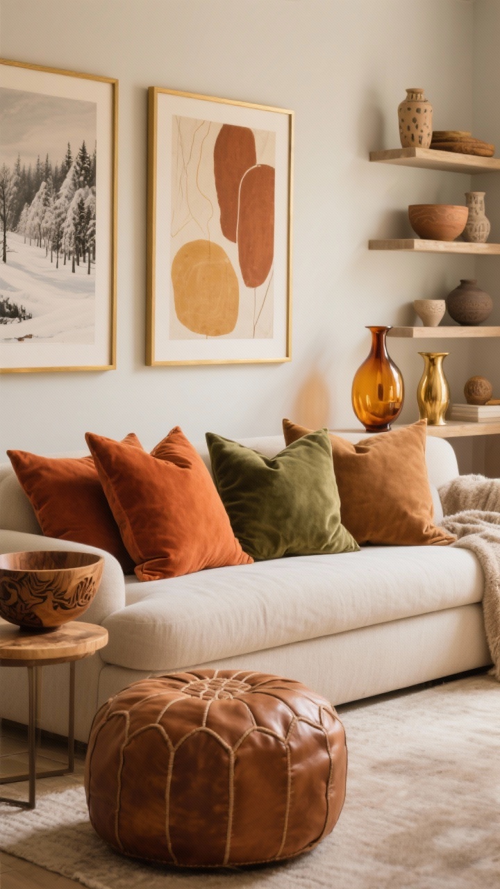 Medium shot introducing warm, earthy color: textiles in terracotta, moss, caramel velvet pillows layered on a neutral sofa; art featuring winter landscapes and warm abstracts in gold-toned frames; accessories like a carved wood bowl, amber glass vase, brass accents, and handmade ceramics on shelves; include a cognac leather pouf to shift the mood warmer; soft, cozy lighting.