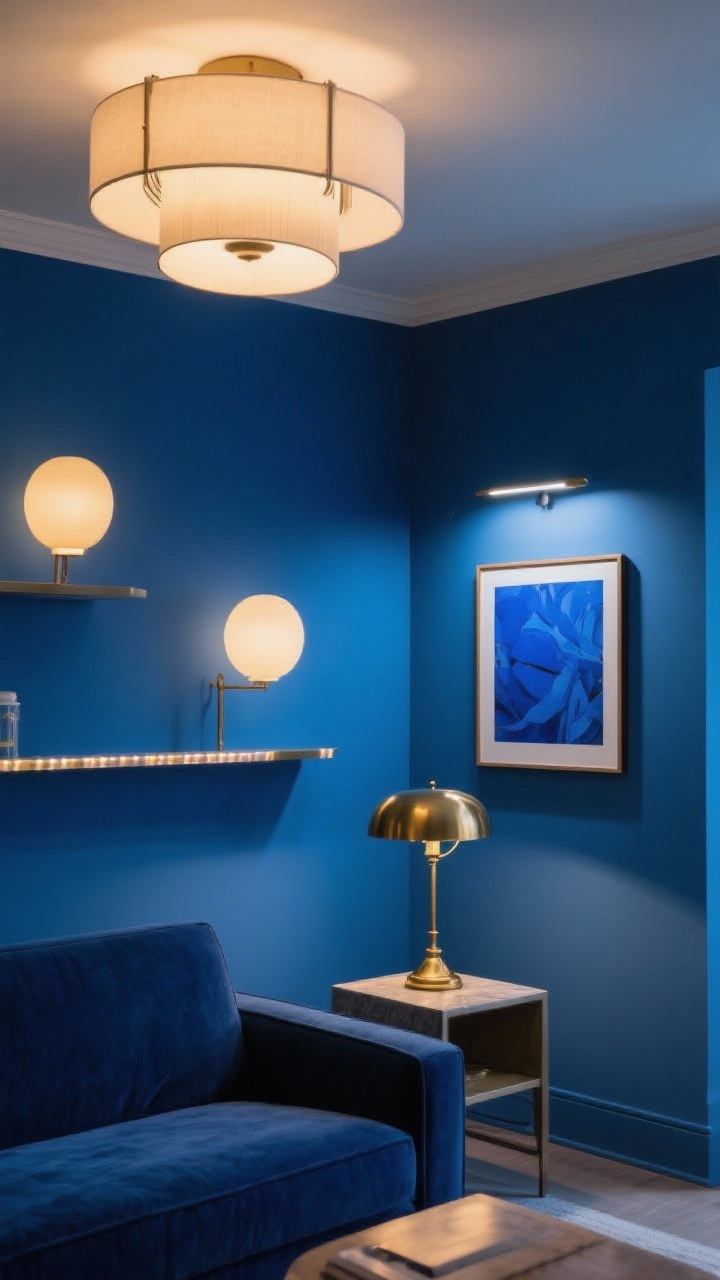 Medium shot: Layered lighting in a blue living room—dimmed ambient overhead fixture, a brass table lamp for task lighting on a side table, and a picture light illuminating blue-toned artwork. Add subtle LED strip glow on a shelf. Use warm bulbs (2700–3000K) to keep the blues rich and cozy. Angle: seated eye-level view capturing multiple light sources without glare.