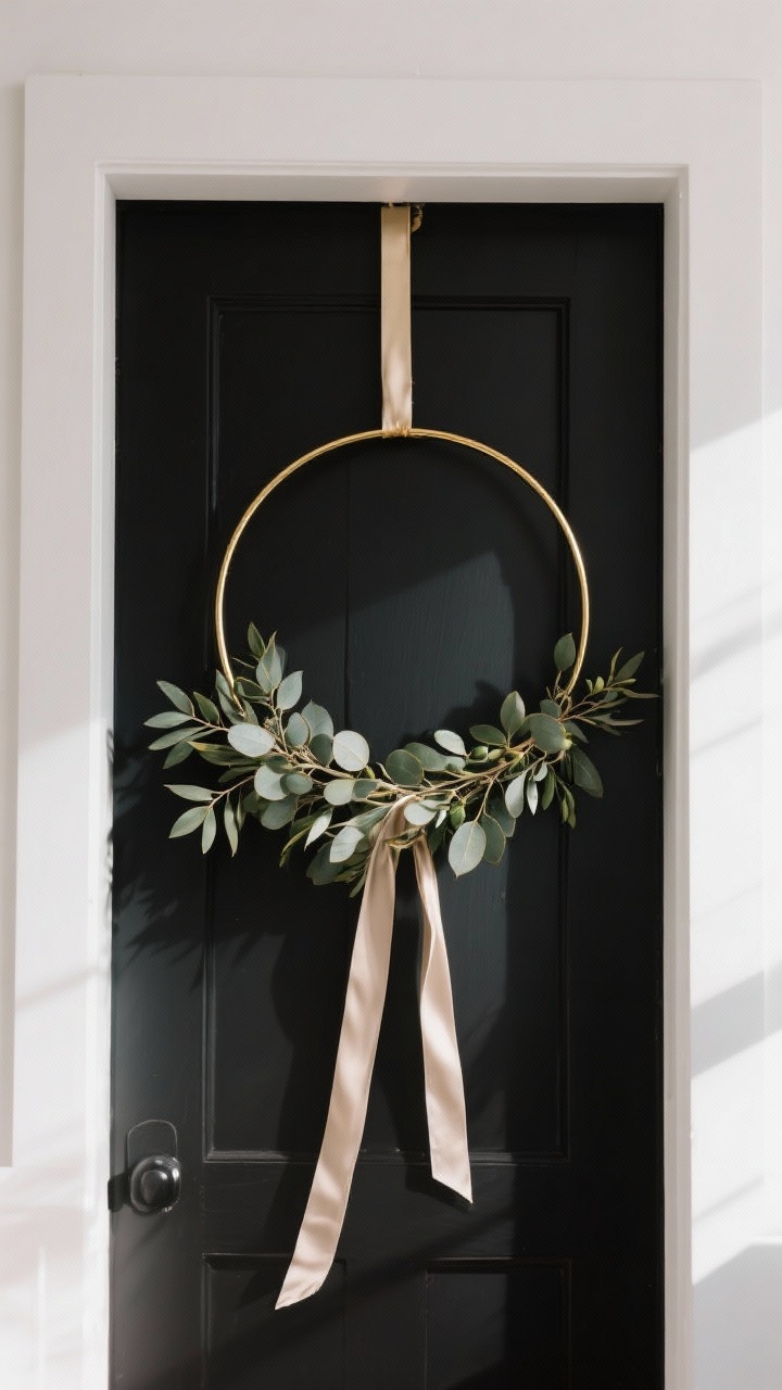 Medium shot, minimalist gold metal hoop wreath hanging on a matte black door, with fresh eucalyptus and olive branches clustered along the bottom third of the hoop, negative space clean and intact; slim satin ribbon tail in soft neutral draping lightly; modern, airy styling with diffuse natural light; crisp focus on leaf edges and metallic hoop finish.