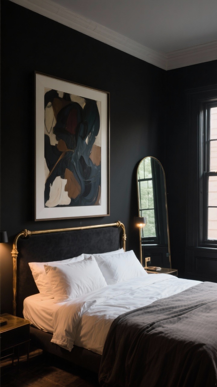 Medium shot: Moody art and mirror moment—one oversized abstract canvas in deep tones mounted over the headboard with an antique brass frame, complemented by a large floor mirror with smoked glass placed opposite a window to bounce a soft glow; nearly-black walls with a single artwork using a white mat for contrast; low, warm accent lighting enhancing drama, photorealistic.