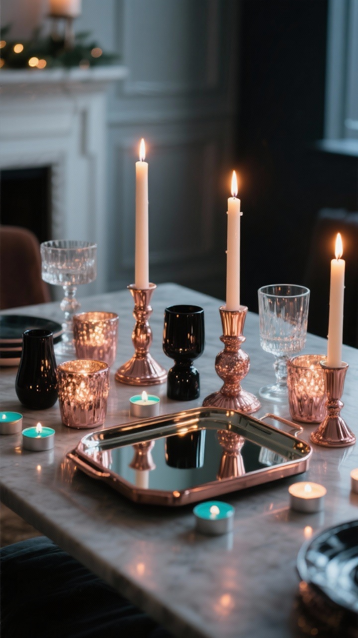 Medium shot, moody candlelit scene: A table vignette with varied candle heights—thin tapers, chunky pillars, and scattered tealights—set in rose gold mercury glass holders mixed with matte black and clear glass pieces. A mirrored or lacquered tray in the center bounces warm candlelight around, creating cozy-chic reflections. No harsh blue light; only warm, soft glow for intimate holiday ambience.
