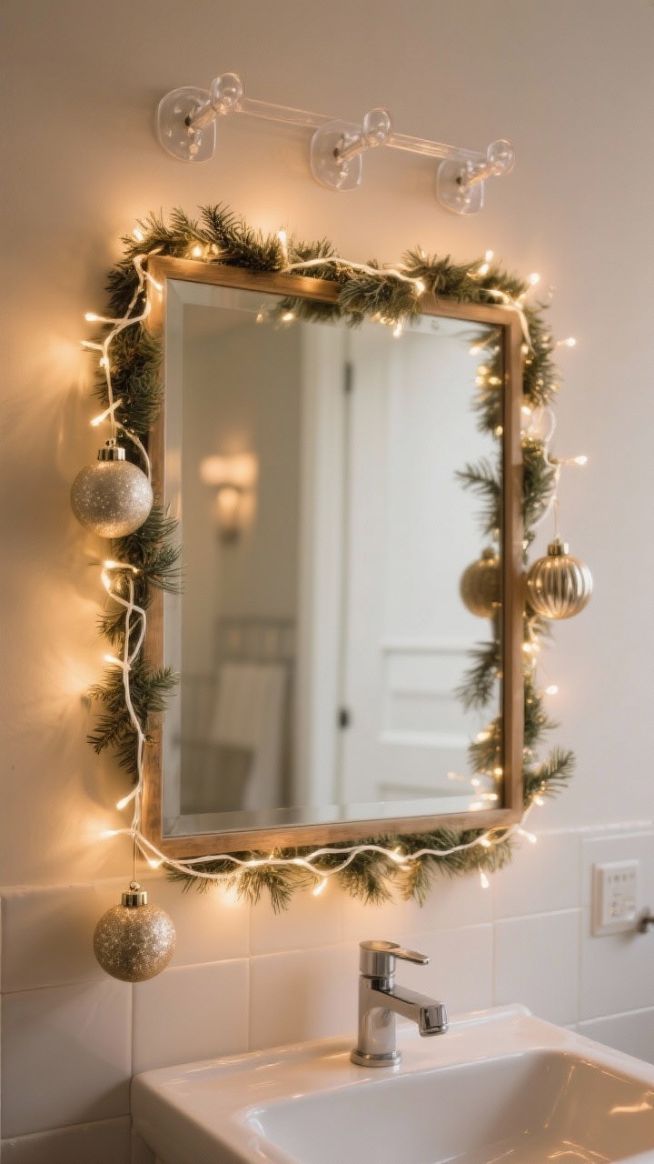 Medium shot of a bathroom mirror dressed with holiday glow: clear command hooks at top corners supporting a lightweight faux garland draped around the frame, intertwined warm white fairy lights wrapping the edges; two elegant ornaments hang at slightly different heights near one corner; soft, flattering warm lighting reflecting in the mirror, uncluttered sink area below, photorealistic.