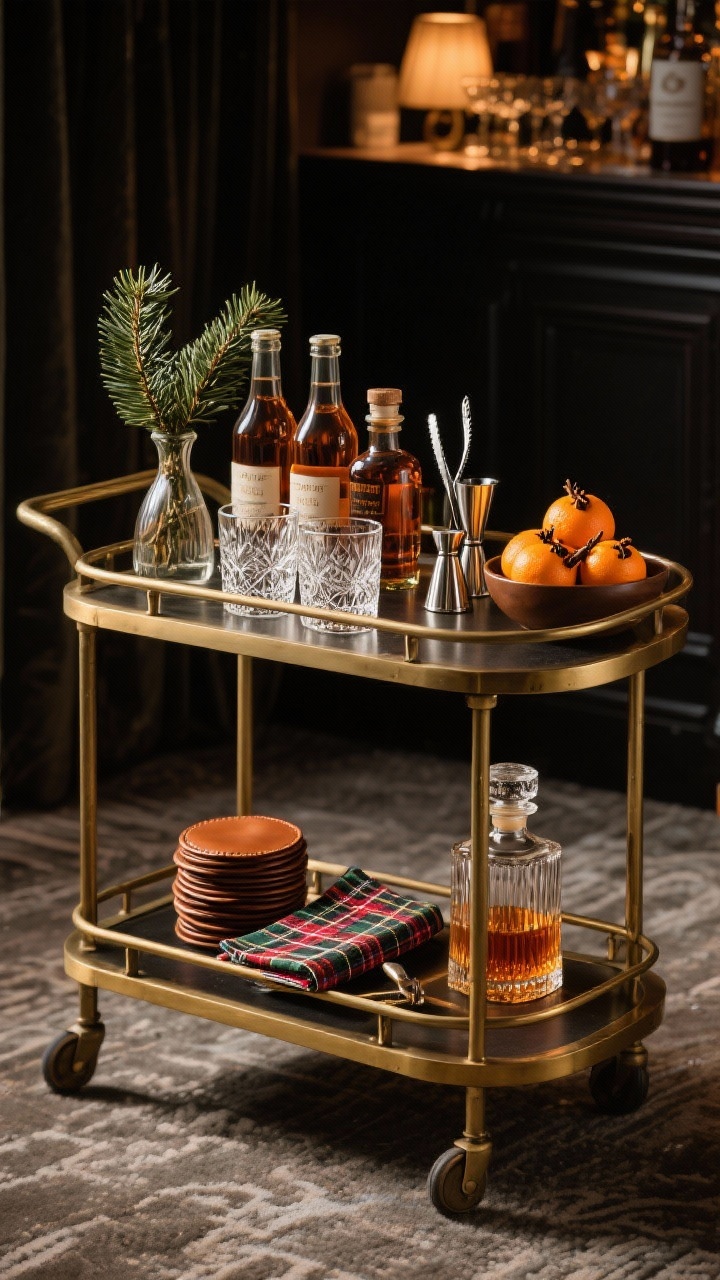 Medium shot of a club room–style bar cart: classic brass cart stocked with amber glass bottles, heavy cut-crystal tumblers and coupe glasses, a silver jigger and tongs, a stack of leather coasters, and a tartan cocktail napkin set; small vase of fresh cedar and a bowl of clementines studded with cloves for scent; a decanter of spiced simple syrup glows in warm ambient light; masculine, polished vibe.
