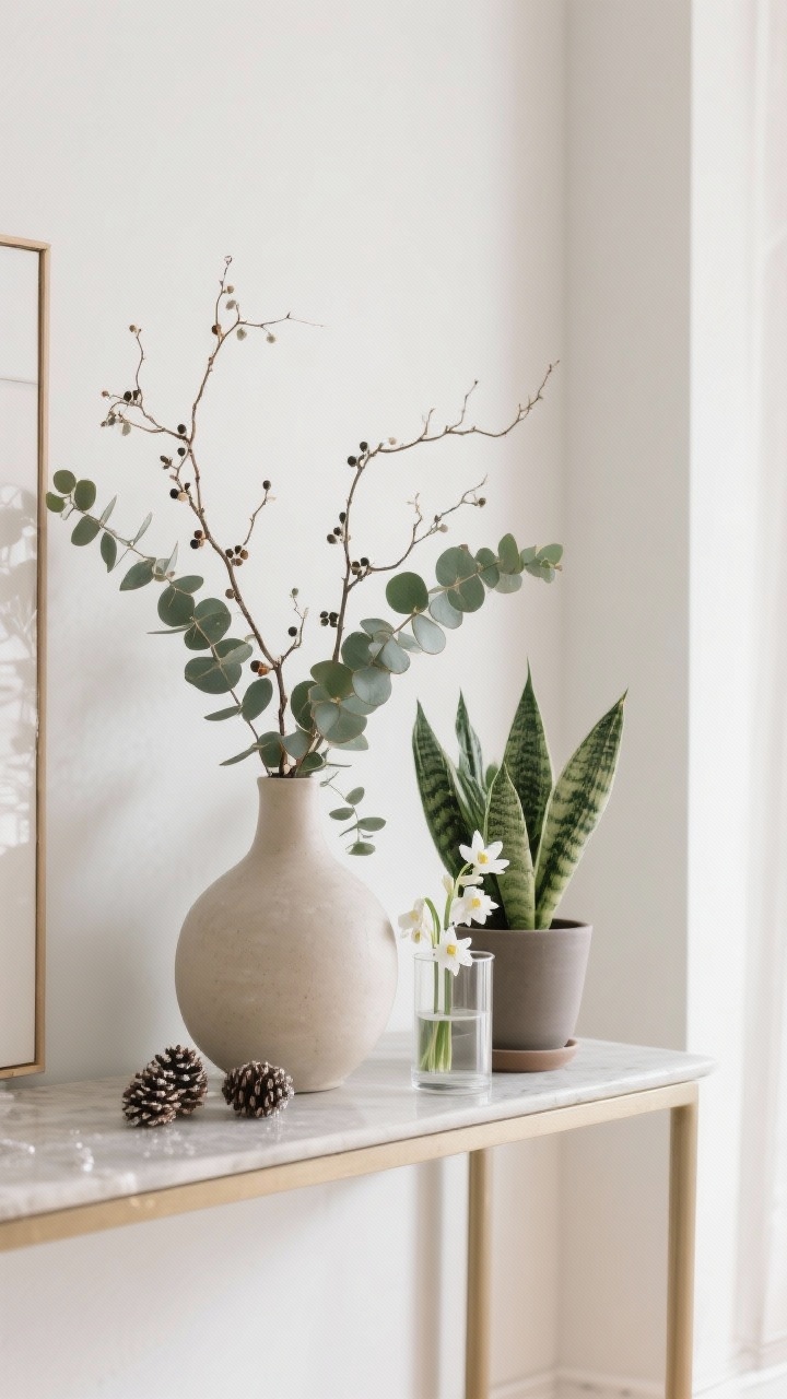 Medium shot of a console table vignette with chill winter greenery, straight-on: a wide ceramic vase with eucalyptus branches, a matte pot with a snake plant, and a second pot with a ZZ plant. Include a simple glass cylinder with paperwhite blooms. Keep branches bare (no berries), no pinecones, no glitter. Palette is whites, warm beiges, and soft greens. Clean lines, minimal drama, bright but soft natural light.