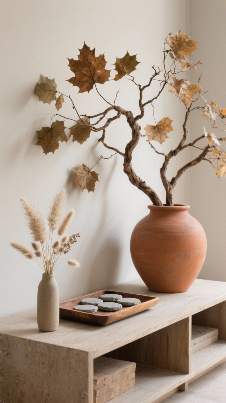 Medium shot of a console vignette bringing in nature: oversized maple and oak branches with organic movement in a large terracotta vessel, a wooden tray holding stone coasters, and a small cluster of dried florals—pampas and bunny tails—in a slim ceramic bud vase; neutral palette with earthy textures; gentle, diffused daylight highlighting natural materials; photorealistic.