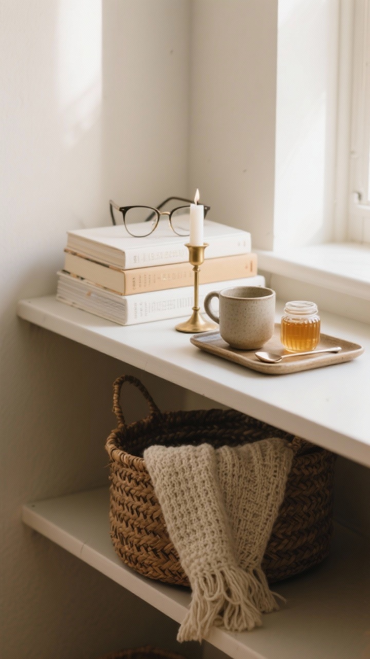 Medium shot of a cozy vignette on a mid-height shelf: a reading nook scene with a stack of books, simple reading glasses, and a brass candle snuffer; next to it, a tea moment on a small tray with a stoneware mug, a honey jar, and a petite spoon; on a lower shelf, a knit throw tucked into a woven basket; intimate, functional storytelling; soft morning light; slight corner angle.