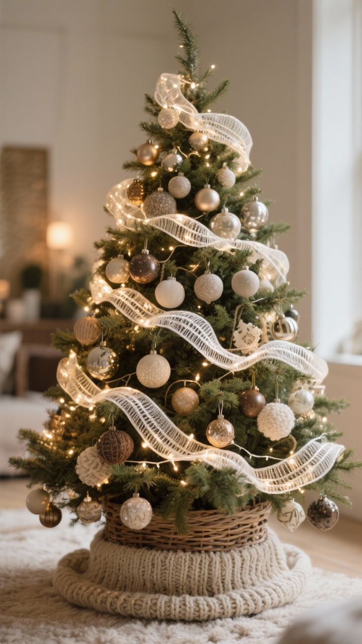 Medium shot of a curated Christmas tree: Warm white lights woven in and out for depth, 2–4 inch wired ribbon in cascading S-curves in the chosen palette, ornaments mixed in matte, shiny, and textured finishes with larger pieces tucked deeper for dimension. A woven basket tree collar or chunky knit skirt grounding the base. Include a tasteful cluster of sentimental ornaments blended with neutral fillers. Background softly blurred, warm glow, editorial yet inviting, photorealistic.