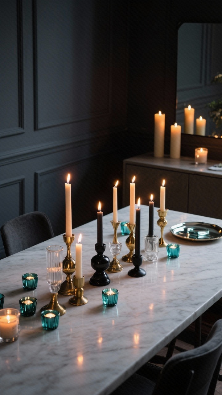 Medium shot of a dining table glowing with varied candlelight: a cluster of taper candles in mixed holders (brass, glass, matte black) running down the center, scattered tealights in mercury glass, unscented pillar candles on a nearby sideboard; include a mirrored tray to bounce the warm light; dim, cozy evening setting with safe spacing between flames and decor; moody shadows on charcoal walls.