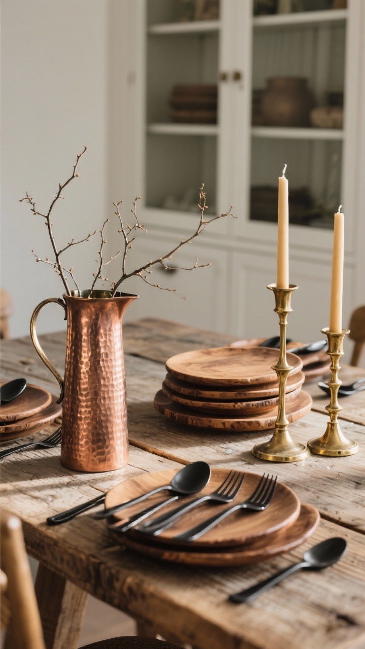 Medium shot of a dining table vignette mixing woods and warm metals: wood chargers stacked on a weathered oak table, matte black flatware alongside, scattered vintage brass candlesticks with slim tapers, and a hammered copper pitcher filled with simple foraged branches; afternoon light creates a warm glow, subtle reflections on brass and copper, background softly blurred open-shelf hutch.