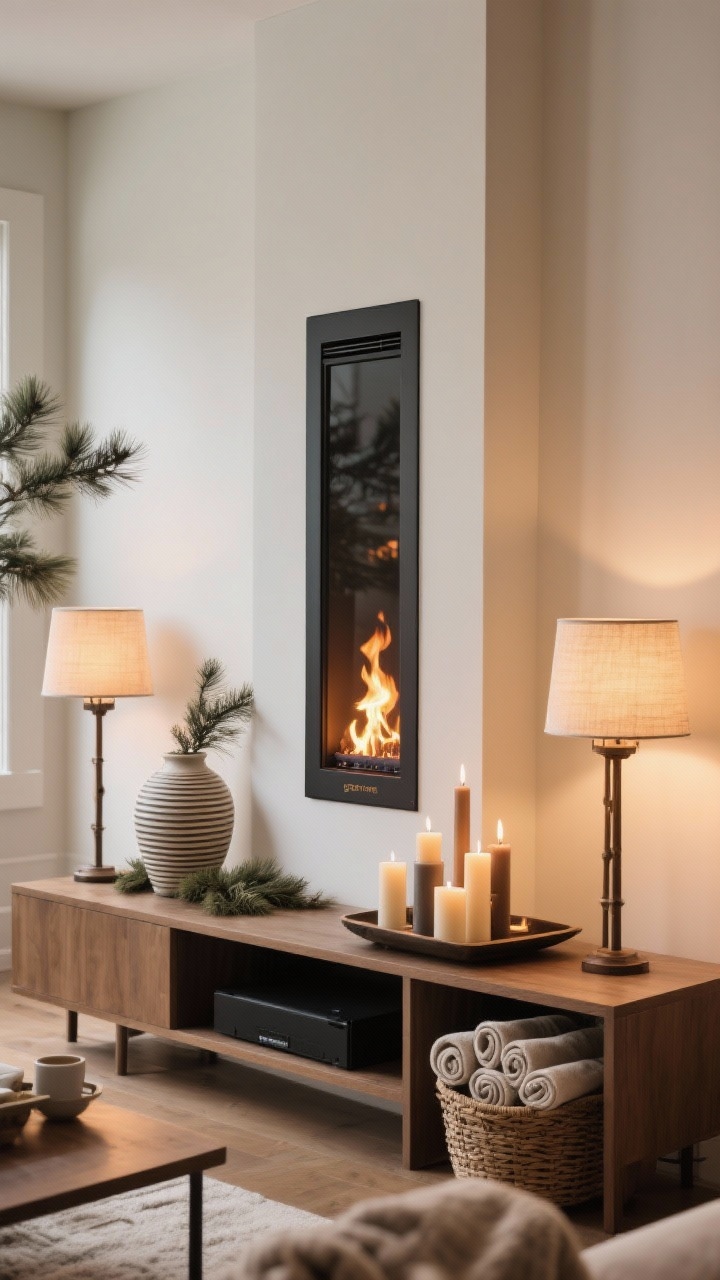 Medium shot of a faux fireside focal point: a slim, wall-mounted electric or bio-ethanol fireplace with realistic flame effect; on the adjacent media console, a candle cluster with mixed-height pillars on a tray, flanked by two floor lanterns; styling includes pine clippings and a grooved ceramic vase, plus a nearby basket of rolled throws; camera angled straight-on for a “gather here” vibe, warm cozy glow.