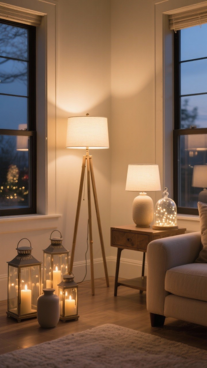 Medium shot of a living room corner at dusk with layered cozy lighting, corner angle: a dimmable floor lamp with a warm white 2700–3000K bulb, a table lamp on a side table, and a cluster of unscented candles inside clear glass hurricanes and matte ceramic lanterns. Include a glass cloche with warm-white twinkle lights styled minimally. No holiday motifs. Soft golden glow, shadows gentle and inviting.