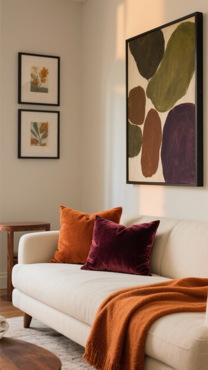 Medium shot of a living room corner refreshed with an earthy fall palette: rust and merlot velvet pillow covers on a cream sofa, an ochre/terracotta throw over the side, and moody abstract art with olive, chocolate brown, and deep plum hues replacing summery prints; walnut and matte black frames; soft warm lighting that enriches the tones; minimal decor to keep it feeling non-theme-y.