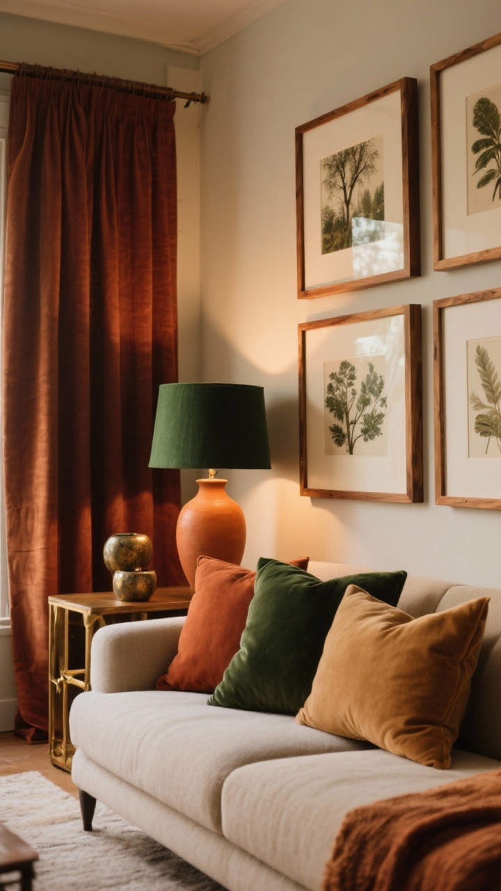 Medium shot of a living room vignette pivoted to warm hues: caramel, rust, cedar, oat, and deep forest green accents; warm-toned throw pillows and curtains, nature-inspired art in wood frames on the wall, and brass/aged bronze metal accents on a side table; include a terracotta vase and a moody green lampshade; gentle warm lighting (2700K) creates a cozy glow, straight-on perspective, photorealistic.