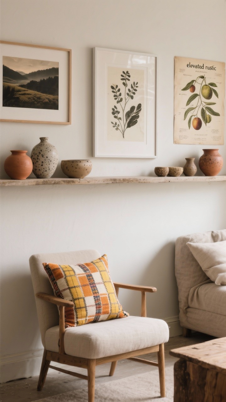 Medium shot of a living room wall and shelf showcasing subtle seasonal art and accents: downloadable prints in simple frames—moody landscape, abstract botanicals, and a vintage fruit diagram; a swap of a bright summer cushion for a kilim or plaid pillow on a neutral chair; ceramics rotated to matte, earthy pieces in stone, terracotta, and speckled glaze on a shelf. Overall “elevated rustic” feel with soft, diffused natural light. No overt seasonal signage.
