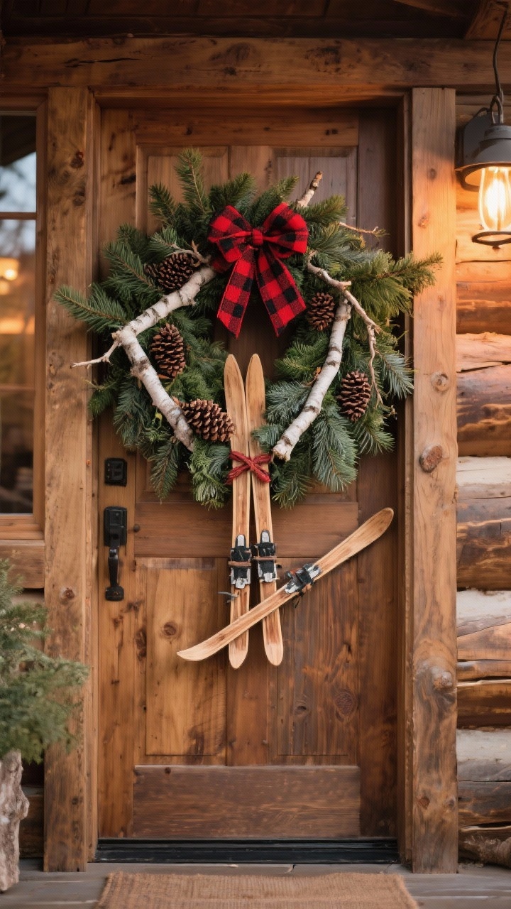 Medium shot of a lodge-core evergreen wreath on a rustic wooden door: full mix of evergreens with birch twigs, natural pinecones, and a bold red-and-black plaid bow; a single tasteful accent—mini wood skis tied across the lower side; warm ambient porch light suggesting cozy cabin energy; textures of needles, wood, and plaid clearly rendered.