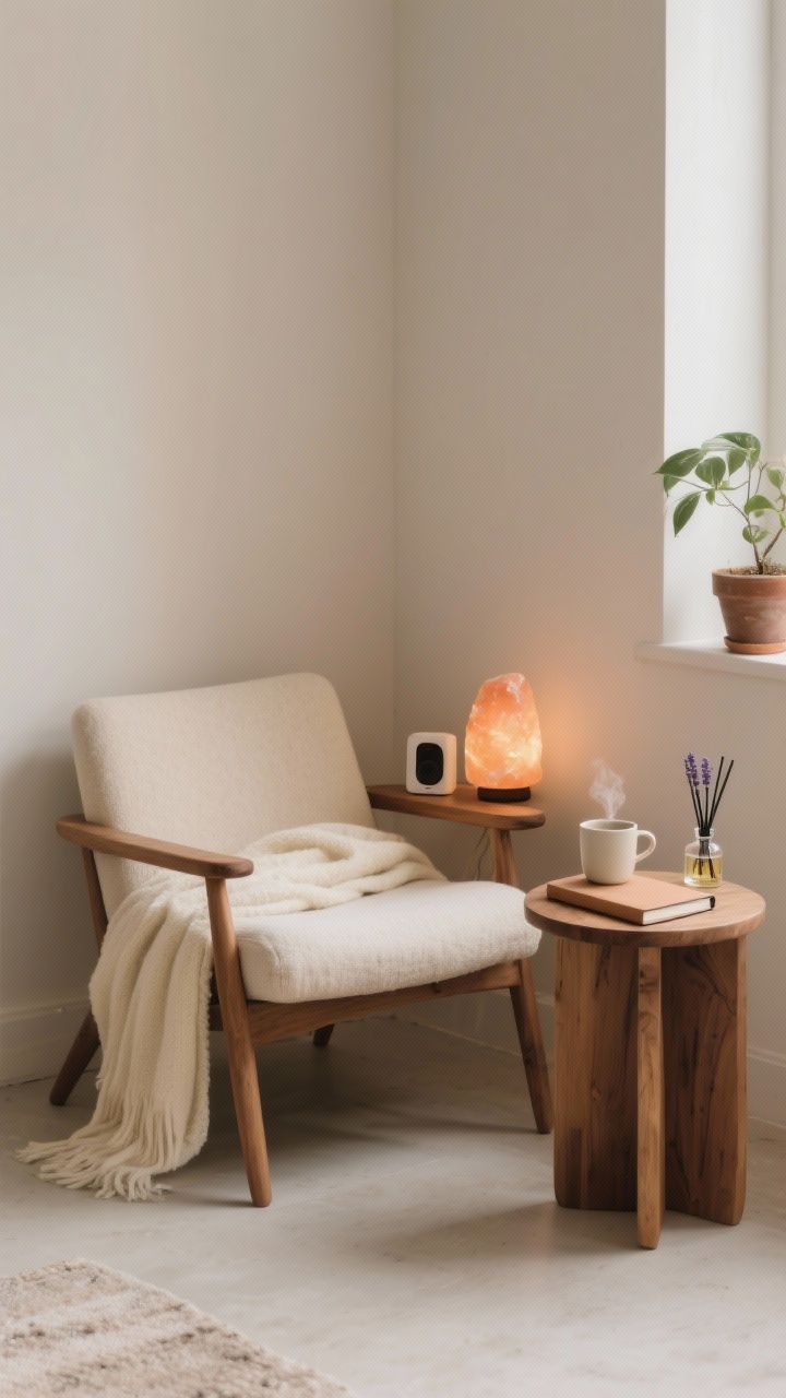 Medium shot of a mini ritual corner, corner angle: a small comfy chair with a cozy cream throw, a compact side table holding a steaming mug and a closed journal with a pen. Soft light from a small table lamp or salt lamp casting warm glow. Add a personal touch: a potted plant, a minimal diffuser emitting cedar or lavender, and a tiny speaker. Neutral palette with natural wood and soft textures, uncluttered and grounding.